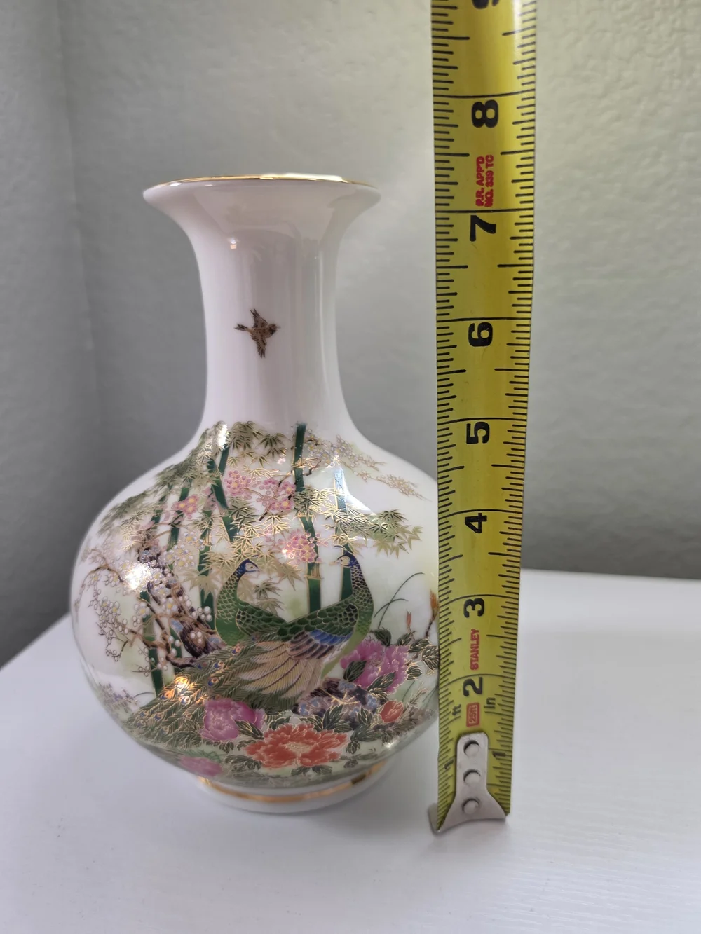 Vintage Hand-Painted White Porcelain Peacock Vase with Gold Accents From Japan